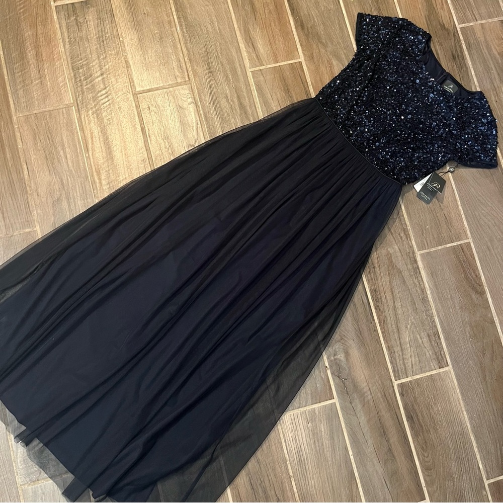 Adrianna Papell Sequin Top Tulle Bottom Maxi Navy Dress Size 6